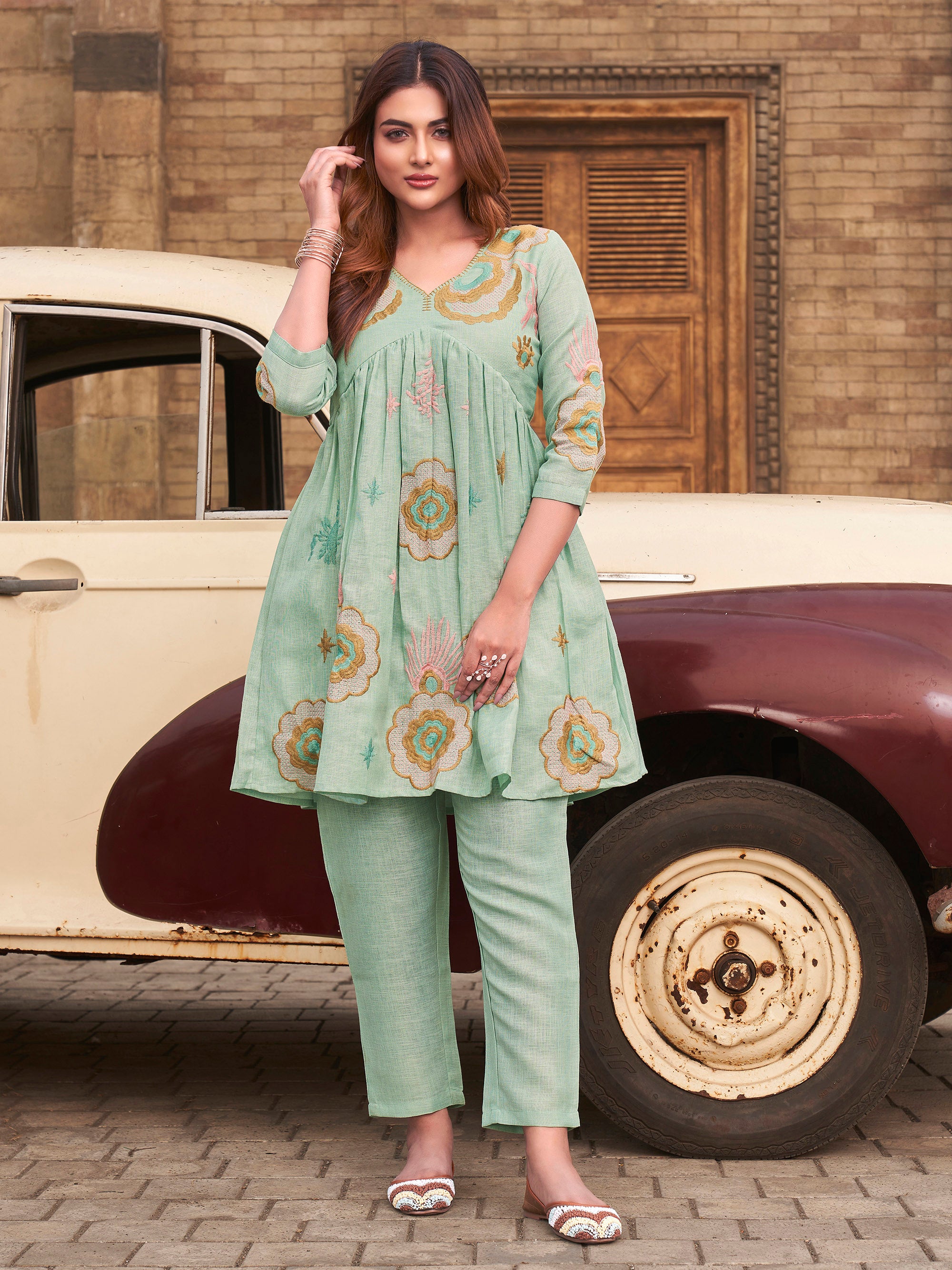 Sea Green color linen with contrast embroidered tunic & trouser co-ord set